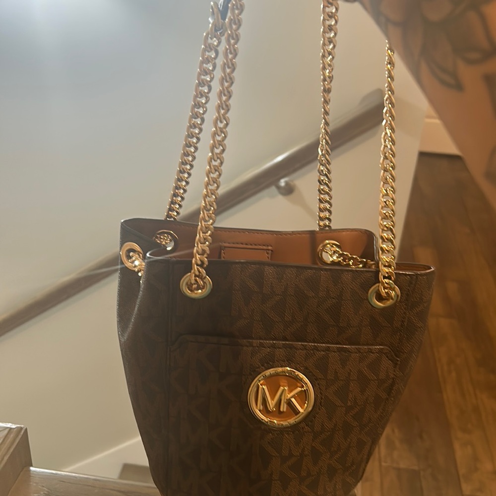 Brown and Gold MK gold chain purse